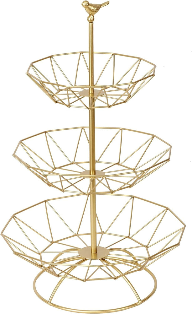 3 Tier Golden Metal Wire Fruit Basket with a Bird